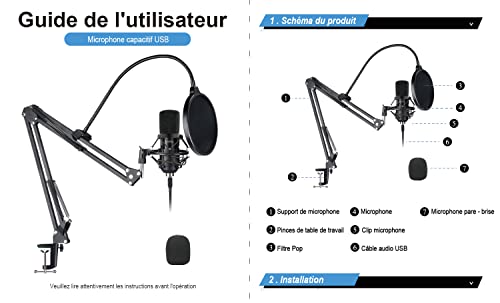 YOTTO USB Microfono a Condensatore Kit 192kHZ/24bit Microfono di Registrazione per Computer PC YouTube con Filtro Antipop, Supporto Regolabile, Ragno Anti Shock, Filtro Anti-Vento, Attaches de câble