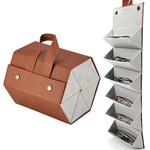 CHENKEE Scatola Portaoggetti Occhiali da Sole, Scatola Portaoggetti Occhiali 6 Scomparti Organizzatore per Occhiali Sole Custodia Occhiali in Pelle Occhiali Organizer da Viaggio (Marrone)