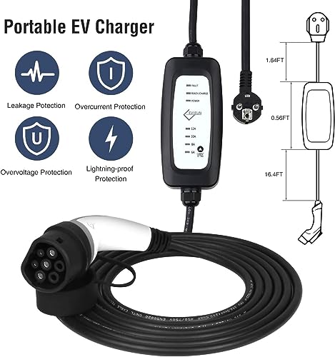 EVIEUN ev Cavo di Ricarica,ev Charger Tipo 2 Portatile Standard Europeo con Scatola Commutabile 6-16A Schuko 2 Pin (Spina di Euro) 3.6KW,19.86ft