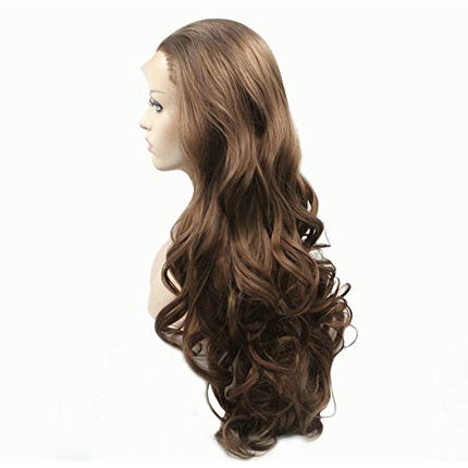 6# Parrucca ondulata di colore marrone scuro, resistente al calore, in tinta unita, parrucca sintetica con pizzo frontale per travestiti, da donna, adatta per matrimoni, 56 cm