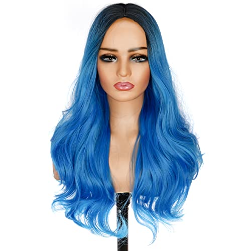 PORSMEER Parrucche lunghe ondulate per donne parrucche sintetiche per capelli ricci, in fibra resistente al calore, naturale Ombre blu parrucche per donna 65 cm