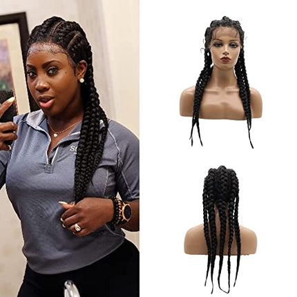 Nero 5 trecce parrucca per le donne completamente fatto a mano treccia nera con capelli bambino pizzo frontale parrucca sintetica 5 treccia parrucca resistente al calore fibra trucco quotidiano