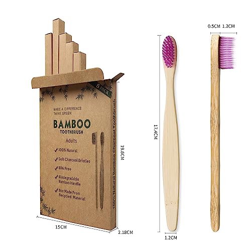 Jinpojun Spazzolini Bamboo[5 Pezzi],Spazzolini da Denti a Setole Morbide Senza BPA,Riutilizzabili e Biodegradabile,con Setole di Carbone Morbide e Disegno Ergonomica-5 Colori