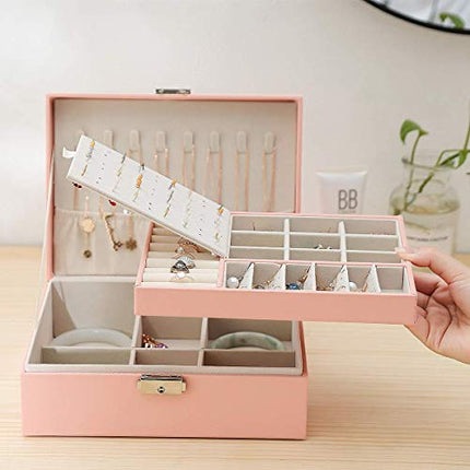 EKKONG Scatola Portagioie per Donna, Scatola Porta Gioielli in Pelle con Serratura da Viaggio 2 Strati Organizer Portagioie Salvaspazio,Piccolo Portagioie da Viaggio Portagioie (Pink)