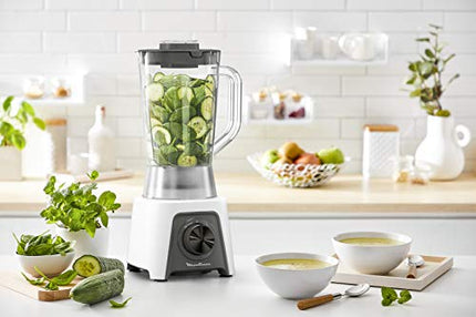 Moulinex LM2C0110 Blendeo + Frullatore Elettrico, 450 W, 1.5 L, Tritatutto con 2 Velocità e Funzione Pulse, Blender Frullato e con Funzione Tritaghiaccio, Etichetta Duraforce e Tappo Dosatore, Bianco