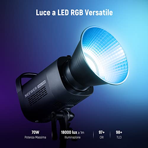 NEEWER CB60 RGB 70W Luce Video LED con Controllo 2,4G/APP Illuminazione Video Continua COB Colore Pieno Attacco Bowens 18000Lux@1m CCT 2700-6500K CRI97+ 17 Effetti per Studio Registrazione Fotografia