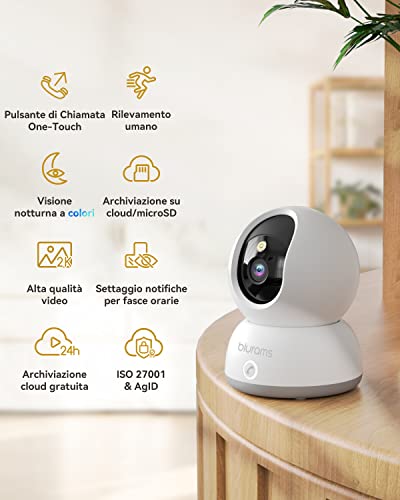 blurams Telecamere Wifi Interne 2K,Videocamera Sorveglianza Interno Wifi,Telecamere per Cani/Casa/Bambini,Visione Notturna a Colori,One-Touch Call,Allarme,Rotazione a 360° (2.4GHz Wi-Fi)