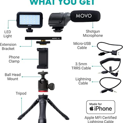 Movo iVlogger Kit para iPhone: Kit de Vlogging compatible con Lightning - Accesorios: Micrófono Direccional, Luz LED, Trípode para teléfono y Soporte para teléfono - Para YouTube o Kit de Vlogging