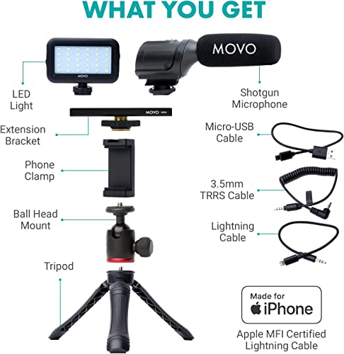 Movo iVlogger Kit para iPhone: Kit de Vlogging compatible con Lightning - Accesorios: Micrófono Direccional, Luz LED, Trípode para teléfono y Soporte para teléfono - Para YouTube o Kit de Vlogging