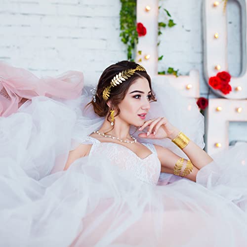 Nswayy 5 Pezzi Corona Della Dea Oro, Foglia Corona Capelli Accessori da sposa, Dea Greca Costume Accessori Braccialetto Orecchini Copricapo per Donne in Festa di Nozze Uso Quotidiano di Halloween