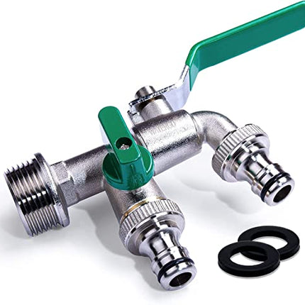 WATERGO Rubinetto 1/2 Pollici (Verde) – Doppio Rubinetto in Ottone per Giardino e Casa | Doppia Valvola a Sfera incl. Nastro Sigillante, Anelli di Tenuta, 2 Connettori per Tubo Flessibile e Ebook