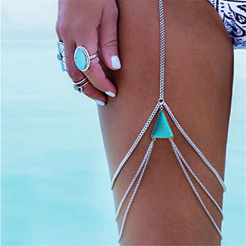 Bramian Multi-strato Turchese Gamba Catena per il corpo Gioielli in argento Spiaggia Elastico Catena per coscia Bikini Accessori per il corpo Gioielli per le donne