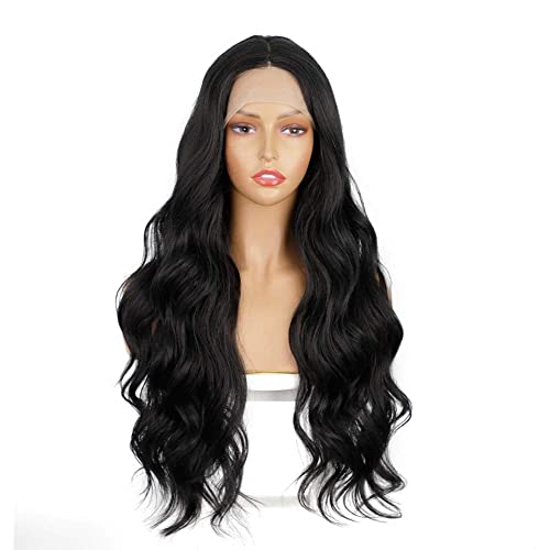 Salomezklm - Parrucca frontale in pizzo nero, senza colla, con onde naturali, in fibra sintetica resistente al calore, con capelli lunghi ondulati, per donne nere (nero naturale, 66")