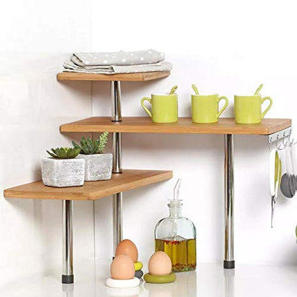 BAKAJI Mensola Scaffale Angolare per Cucina 3 Ripiani Legno Bambù Struttura in Acciaio Mobile Angolare Portaspezie Portaoggetti con Ganci (Naturale)