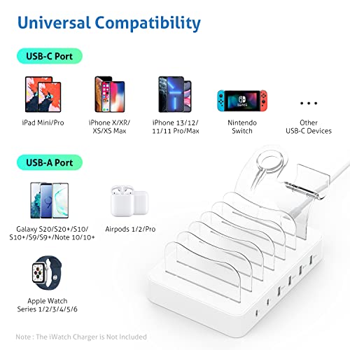 SOOPII Stazione di ricarica USB C a 6 porte per più dispositivi, 2 PD 20 W di ricarica rapida, 6 cavi di ricarica e 1 supporto aggiornato per caricabatterie I Watch e Air Pod inclusi …