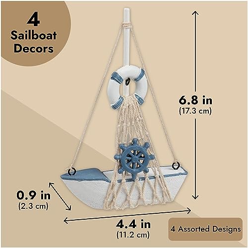 Set di 4 decorazioni nautiche a forma di barca a vela in miniatura, per decorare il bagno e la casa (11,2 x 17,3 cm)