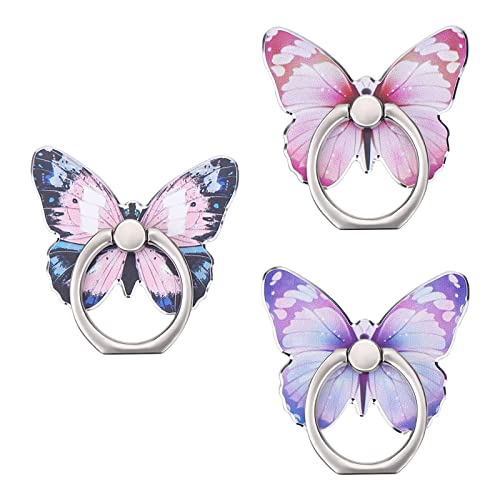 Cobee Supporto per anello per cellulare a farfalla, con motivo a farfalla, in metallo verniciato a forma di farfalla, con rotazione a 360°, impugnatura con manopola (Blu, viola, rosa)