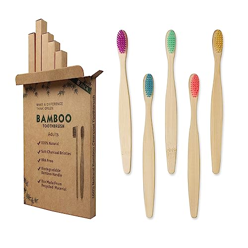 Jinpojun Spazzolini Bamboo[5 Pezzi],Spazzolini da Denti a Setole Morbide Senza BPA,Riutilizzabili e Biodegradabile,con Setole di Carbone Morbide e Disegno Ergonomica-5 Colori