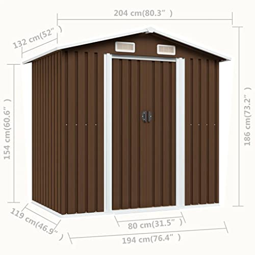 vidaXL Capanno per Attrezzi da Giardino Ventilato Ingresso a Scorrimento Robusto Casetta da Esterno Magazzino Marrone 204x132x186 cm in Acciaio