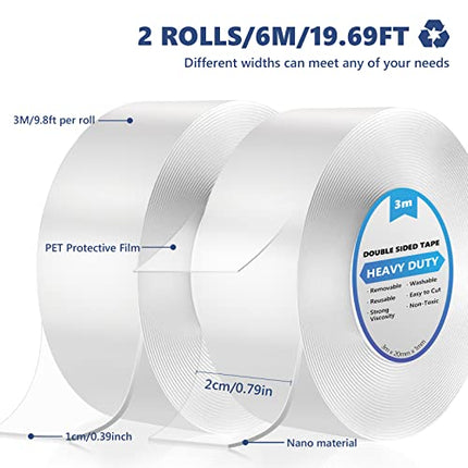 6M Nastro Biadesivo Extra Forte Trasparente, Rimovibile Multifunzione Nano Potent Tape, Nastro Adesivo di Montaggio per Tappeti, Poster Fotografici, Interni ed Esterni (2 Rotolos)