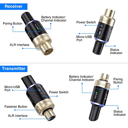 LEKATO Sistema microfonico wireless XLR, 5.8 Ghz Ricevitore trasmettitore plug-on per microfono dinamico, mixer audio, fotocamera DSLR, sistema PA