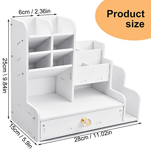 Xzeemo Organizzatore da Scrivania in Legno, Multifunzione fai-da-te Portapenne da Scrivania, Grande Capacità, Bianco Organizer scrivania con Cassetto per Cancelleria, Casa, Ufficio e Scuola