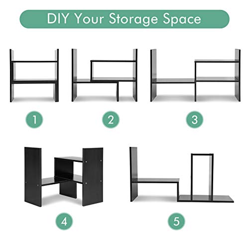 Scaffale a libro in legno, multifunzionale, libreria di immagazzinaggio con 5 scomparti, metodo di assemblaggio multiplo, organizzatore da tavolo per ufficio, camera, cucina, colore nero/legno