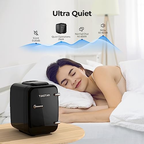 Tiastar Mini Frigo Portatile, 4 Litri /6 Lattine di Bevande e Cura Della Pelle Mini Frigorifero per Camera da Letto, Auto, Scrivania dell'ufficio, Due Marce - Raffreddatore e Scaldino (Nero)