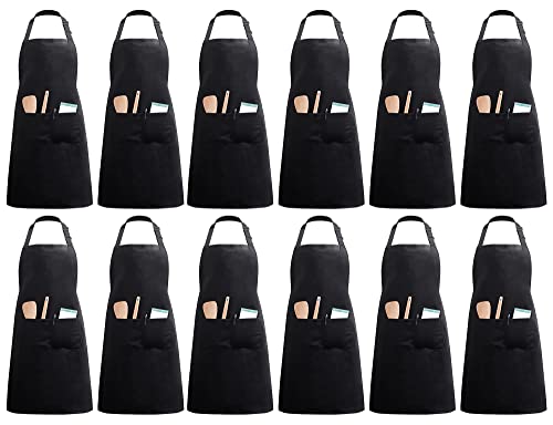 InnoGear 12 pezzi Grembiuli da cuoco con 2 tasche unisex regolabili da uomo, grembiuli da donna, per casa, cucina, ristorante, caffetteria (poliestere nero)