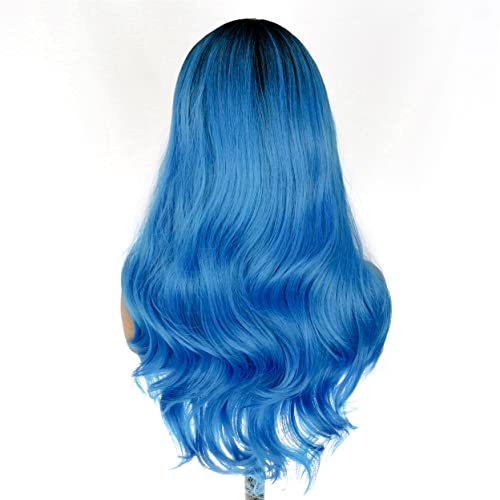 PORSMEER Parrucche lunghe ondulate per donne parrucche sintetiche per capelli ricci, in fibra resistente al calore, naturale Ombre blu parrucche per donna 65 cm