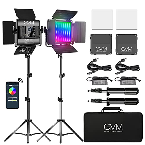 GVM RGB, lampada video LED RGB con treppiede, controllo APP LED, illuminazione video, per YouTube, CRI97, 3200-5600 K, luce studio (2 pezzi)