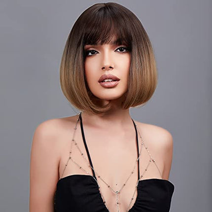 EMMOR Marrone Bob parrucche per le donne Parrucche naturali con frange frange parrucche sintetiche resistenti al calore (Marrone)
