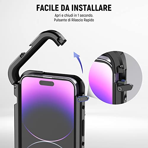 NEEWER Gabbia Video per iPhone 14 Pro Max con Slitte Fredde, Attacco per Treppiede da 1/4", Stabilizzatore per Smartphone in Alluminio per Telefoni Compatibile on Attacco per Obiettivo Moment, PA011