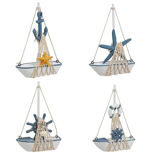 Set di 4 decorazioni nautiche a forma di barca a vela in miniatura, per decorare il bagno e la casa (11,2 x 17,3 cm)