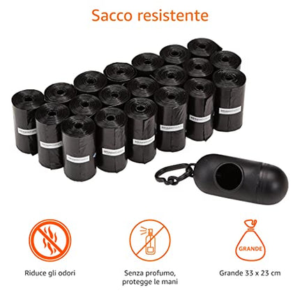 Amazon Basics Sacchetti per bisogni dei cani, con dispenser e clip per guinzaglio, 15 unità, confezione da 20