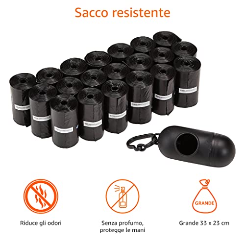 Amazon Basics Sacchetti per bisogni dei cani, con dispenser e clip per guinzaglio, 15 unità, confezione da 20