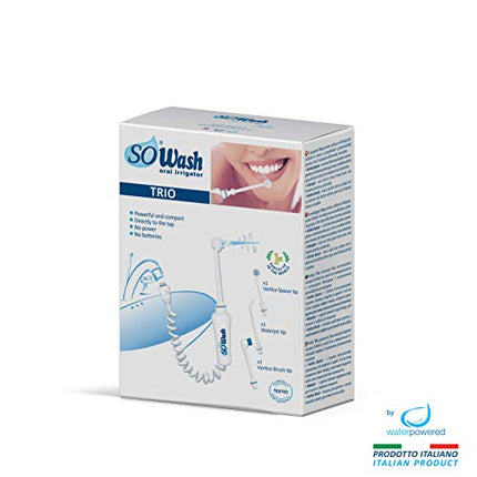 Idropulsore Dentale SoWash | Trio | Si Collega al Rubinetto | Irrigatore Dentale Senza Batterie e Elettricità | 1 Testina Vortice + 1 Testina Vortice Brush + 1 Testina Idrogetto | Prodotto Italiano