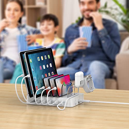 SOOPII Stazione di ricarica USB C a 6 porte per più dispositivi, 2 PD 20 W di ricarica rapida, 6 cavi di ricarica e 1 supporto aggiornato per caricabatterie I Watch e Air Pod inclusi …