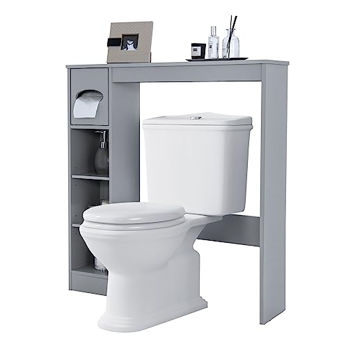 COSTWAY Mobile Sopra WC, Mobiletto Salva Spazio da Bagno Autoportante con Ripiani Regolabili e Porta Carta Igienica, Organizzatore Multifunzionale per Bagno, 75,5x19,5x81,5cm (Grigio)