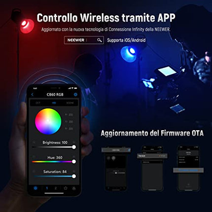 NEEWER CB60 RGB 70W Luce Video LED con Controllo 2,4G/APP Illuminazione Video Continua COB Colore Pieno Attacco Bowens 18000Lux@1m CCT 2700-6500K CRI97+ 17 Effetti per Studio Registrazione Fotografia
