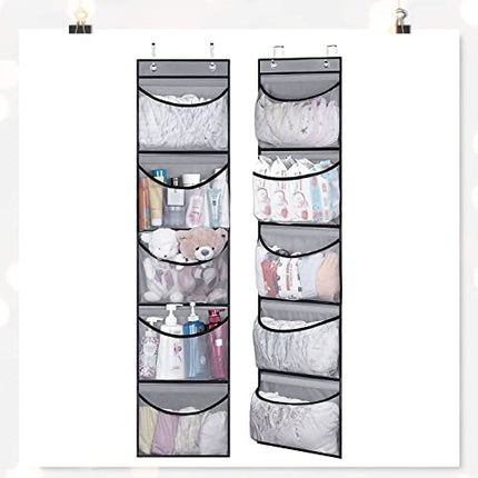 duozoanz Organizer Appendere Custodia Stoccaggio Pensile - Rete Sacchetti Sospeso Mensola Parete Organizzatore Sopra Porta con 5 Grandi Tasche e 2 Ganci per Bagno Peluche Armadio, Grigio