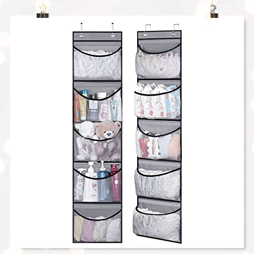 duozoanz Organizer Appendere Custodia Stoccaggio Pensile - Rete Sacchetti Sospeso Mensola Parete Organizzatore Sopra Porta con 5 Grandi Tasche e 2 Ganci per Bagno Peluche Armadio, Grigio