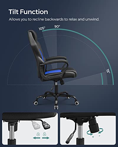 SONGMICS Sedia da Ufficio, Sedia da Gaming Ergonomica, Meccanismo Oscillante, Altezza Regolabile, Sedia da Scrivania per i Sedentari, Traspirante, Nero e Blu OBG025Q01