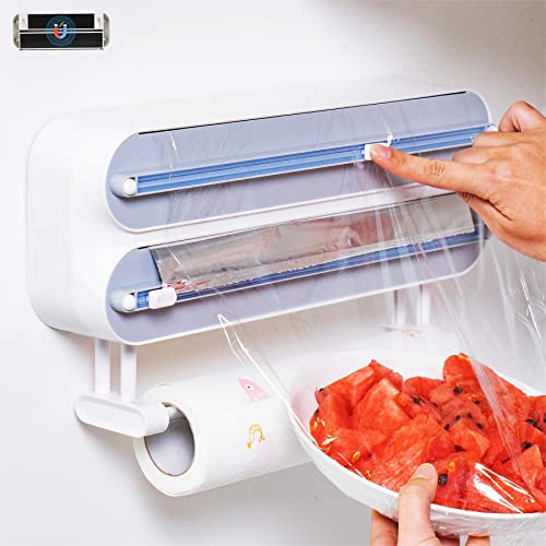 Dispenser e Taglierina Magnetica per Pellicola Trasparente - Supporto per Rotolo da Cucina 3 in 1 Montato a Parete, Quasziwa Dispenser Carta Stagnola in Alluminio con 50M Pellicola Alimentare, Bianco