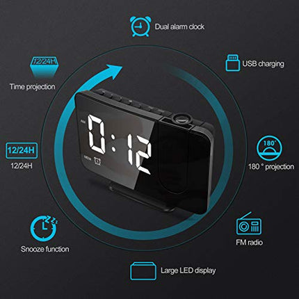 Anykuu Sveglia Proiettore Sveglia Digitale con Proiettore 6.7 Pollici a 180° di Rotazione Orologio Proiettore Radio FM con Adattatore 2 Sveglie e 15 Volumi Facile da Usare