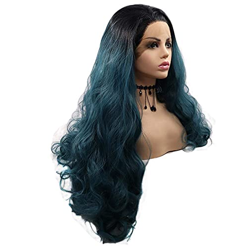 Parrucche lunghe ondulate blu verde pizzo anteriore per donna capelli ombre di colore misto con radici scure parrucca sintetica resistente al calore festa cosplay Halloween uso quotidiano 61 cm