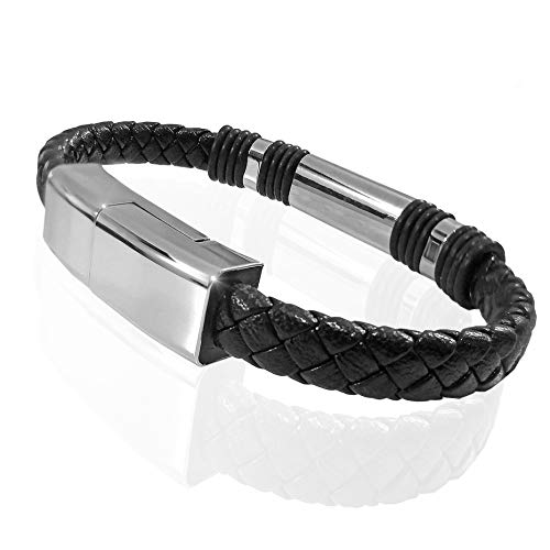 Bracciale USB | cavo di ricarica in pelle intrecciata | braccialetto di ricarica USB trasmissione dati disponibile con tre tipi di connettori | Idea Regalo Tecnologico (18,3cm I Phone)