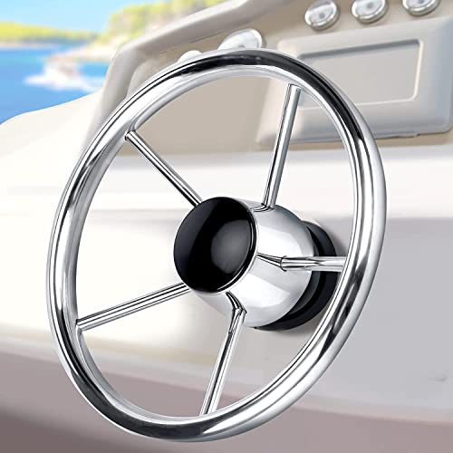 Geloo Volante per Barca 13-1/2 pollici 5 razze barca volante distruttore stile nave marina in acciaio inox accessori per adattarsi alberi conici standard da 3/4", per pontone barca yacht universale