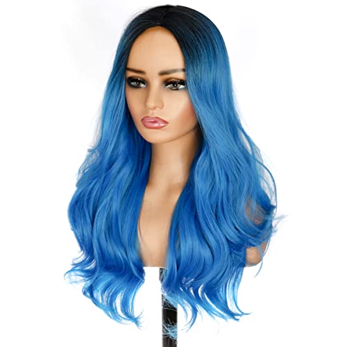 PORSMEER Parrucche lunghe ondulate per donne parrucche sintetiche per capelli ricci, in fibra resistente al calore, naturale Ombre blu parrucche per donna 65 cm