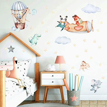TOARTI 34pcs Adesivi da Parete per Camera Bambini,Animale Adesivi Murali,Mongolfiera Aereo Sticker Murali per Camera da Letto,Stella Colore Chiaro Decalcomanie per Cameretta Aula Soggiorno
